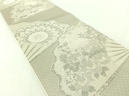 平和屋着物◎六通柄袋帯 唐織 舞扇花鳥文 銀糸 正絹 逸品 AAAO7460jh