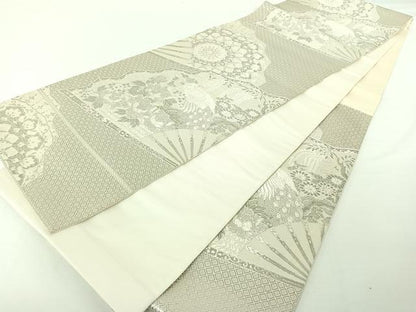 平和屋着物◎六通柄袋帯 唐織 舞扇花鳥文 銀糸 正絹 逸品 AAAO7460jh