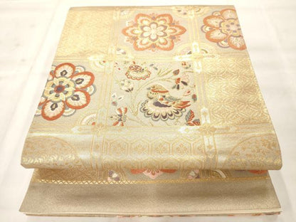平和屋着物◎六通柄袋帯 天井花鳥文 金糸 正絹 逸品 AAAO8091jz
