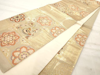 平和屋着物◎六通柄袋帯 天井花鳥文 金糸 正絹 逸品 AAAO8091jz