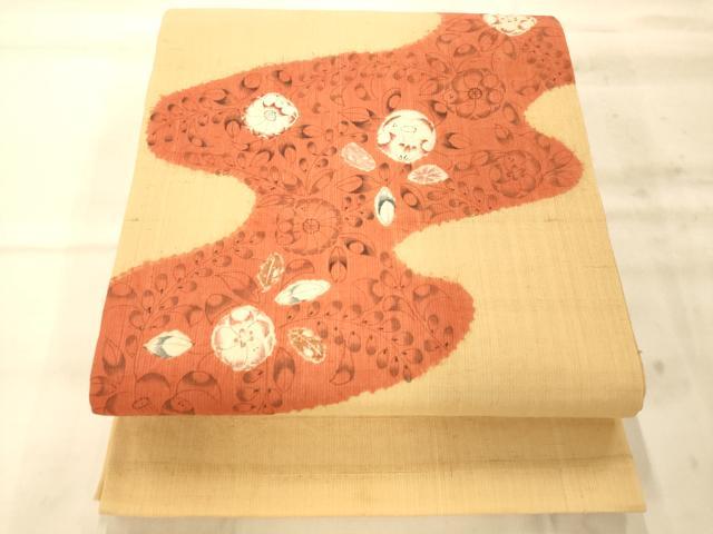 平和屋着物◎太鼓柄袋帯 手描き 紬地 流水草花文 正絹 逸品 AAAO8599fw