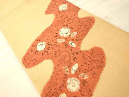平和屋着物◎太鼓柄袋帯 手描き 紬地 流水草花文 正絹 逸品 AAAO8599fw
