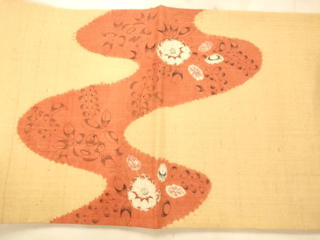 平和屋着物◎太鼓柄袋帯 手描き 紬地 流水草花文 正絹 逸品 AAAO8599fw