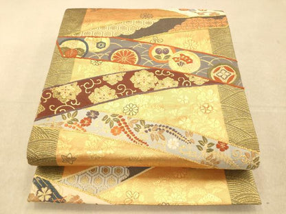 平和屋着物◎六通柄袋帯 唐織 熨斗重ね吉祥花鳥文 金糸 正絹 逸品 AAAO8632fw