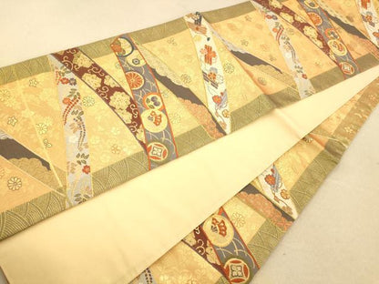 平和屋着物◎六通柄袋帯 唐織 熨斗重ね吉祥花鳥文 金糸 正絹 逸品 AAAO8632fw