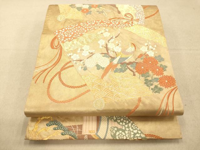 平和屋着物◎六通柄袋帯　唐織　檜扇花鳥文　金銀糸　引箔　正絹　逸品　AAAO8651fw