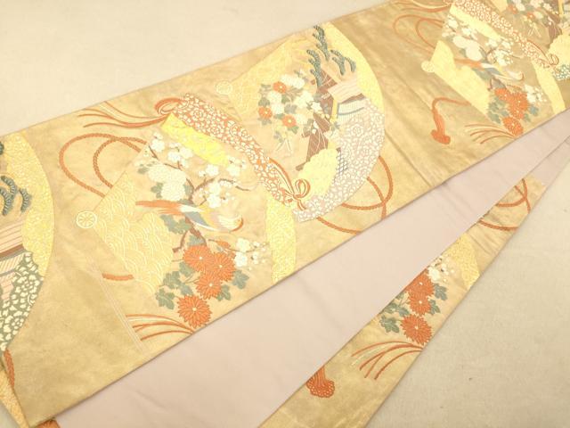 平和屋着物◎六通柄袋帯　唐織　檜扇花鳥文　金銀糸　引箔　正絹　逸品　AAAO8651fw