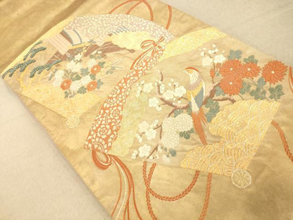 平和屋着物◎六通柄袋帯　唐織　檜扇花鳥文　金銀糸　引箔　正絹　逸品　AAAO8651fw
