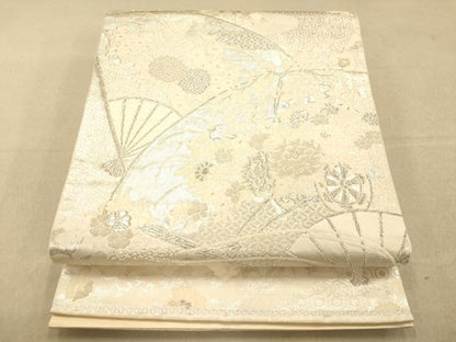 平和屋着物◎六通柄袋帯　唐織　美保姿　檜扇吉祥花車文　銀糸　正絹　逸品　AAAO8660fw