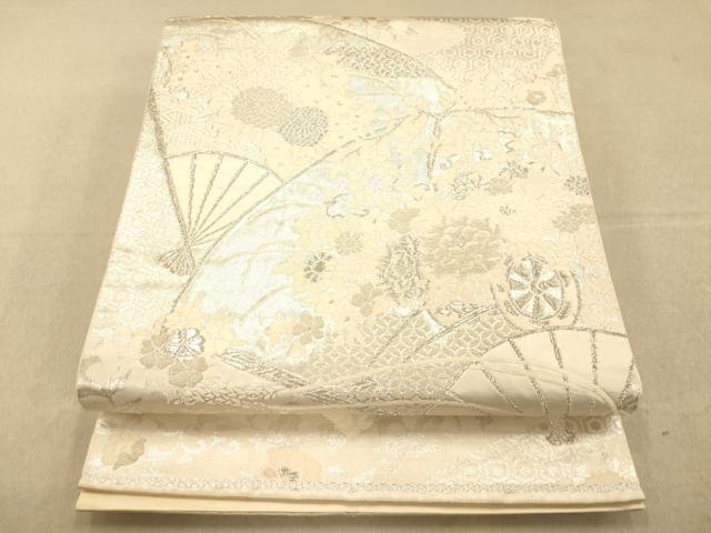 平和屋着物◎六通柄袋帯　唐織　美保姿　檜扇吉祥花車文　銀糸　正絹　逸品　AAAO8660fw