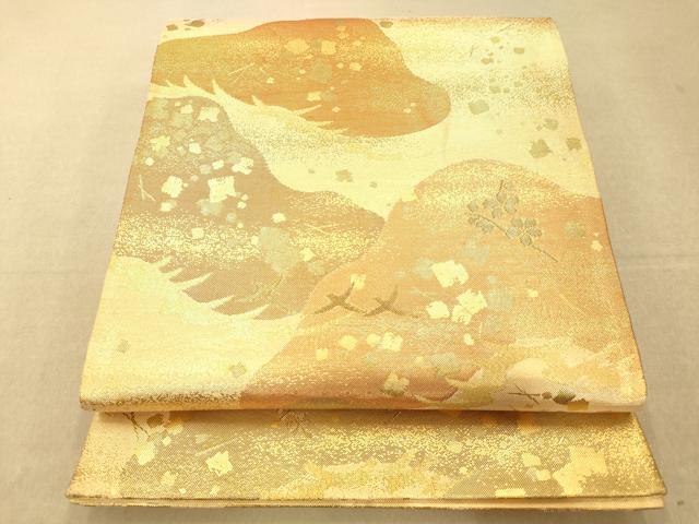 平和屋着物◎六通柄袋帯　山重ね霞枝花文　金糸　正絹　逸品　AAAO8667fw