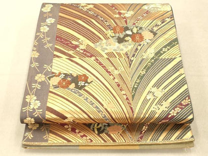 平和屋着物◎両面六通柄袋帯 唐織 孔雀羽地紙草花文 金糸 正絹 逸品 AAAO8907fw