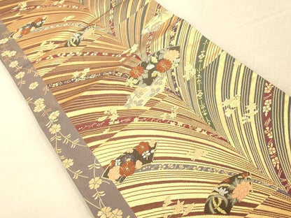 平和屋着物◎両面六通柄袋帯 唐織 孔雀羽地紙草花文 金糸 正絹 逸品 AAAO8907fw