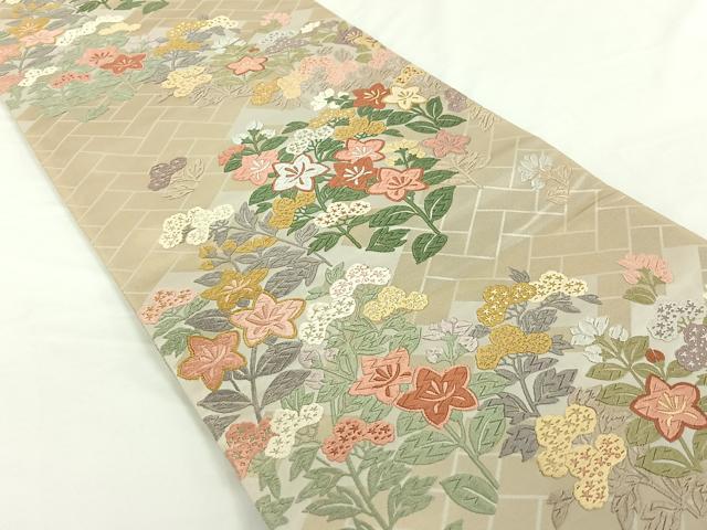 平和屋着物◎六通柄袋帯 唐織 檜垣秋草文 金糸 正絹 逸品 AAAO9040jh