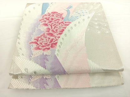 平和屋着物◎六通柄袋帯 唐織 花鳥文 銀糸 正絹 逸品 AAAO9055jh