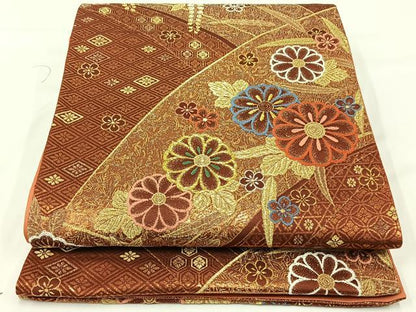 平和屋着物◎六通柄袋帯 重ね山吉祥舞花文 金糸 正絹 逸品 AAAO9384jh