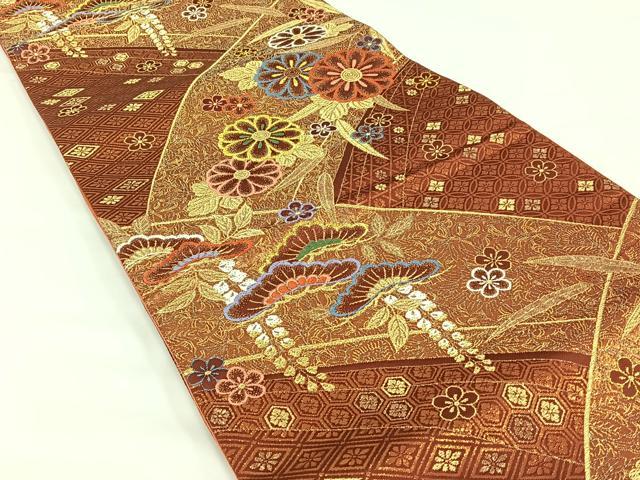 平和屋着物◎六通柄袋帯 重ね山吉祥舞花文 金糸 正絹 逸品 AAAO9384jh