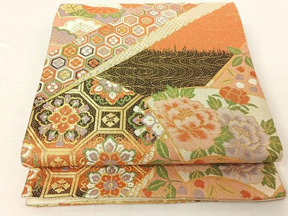 平和屋着物◎佐賀錦 六通柄袋帯 地紙花蝶文 金糸 正絹 逸品 AAAO9528jh