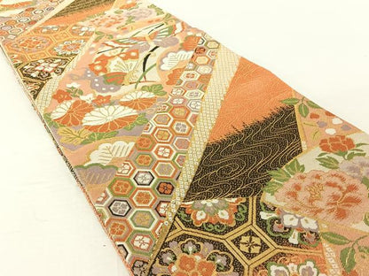 平和屋着物◎佐賀錦 六通柄袋帯 地紙花蝶文 金糸 正絹 逸品 AAAO9528jh