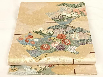 平和屋着物◎六通柄袋帯 唐織 扇面草花文 金糸 正絹 逸品 AAAO9992wt