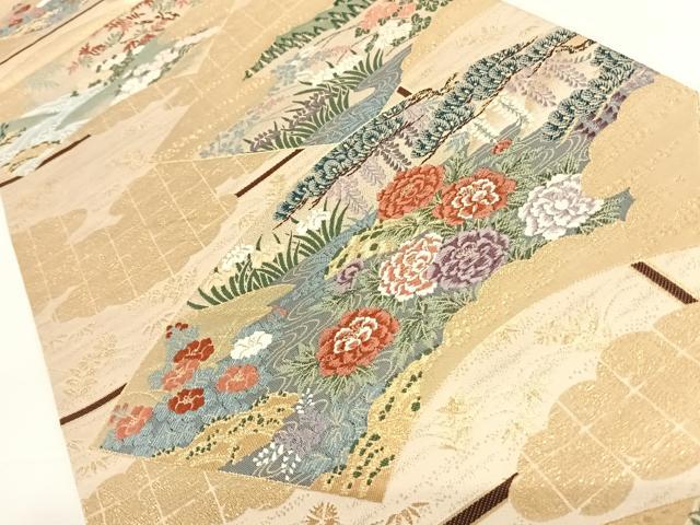 平和屋着物◎六通柄袋帯 唐織 扇面草花文 金糸 正絹 逸品 AAAO9992wt