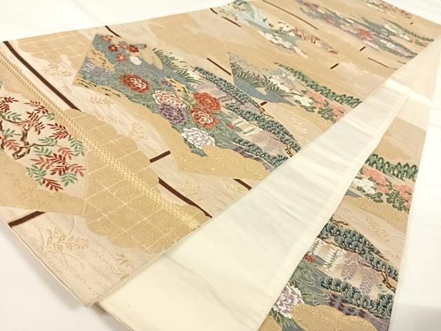 平和屋着物◎六通柄袋帯 唐織 扇面草花文 金糸 正絹 逸品 AAAO9992wt