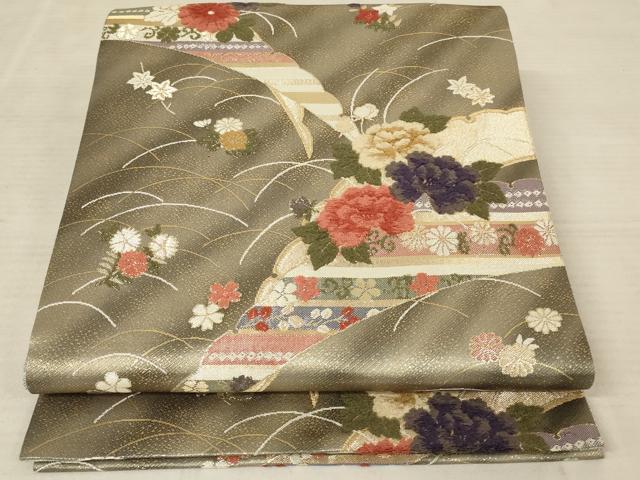平和屋着物◎六通柄袋帯 刺繍 雪芝花文 銀糸 正絹 逸品 AAAP0329ou