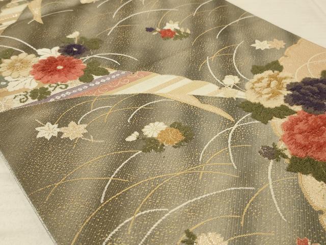 平和屋着物◎六通柄袋帯 刺繍 雪芝花文 銀糸 正絹 逸品 AAAP0329ou