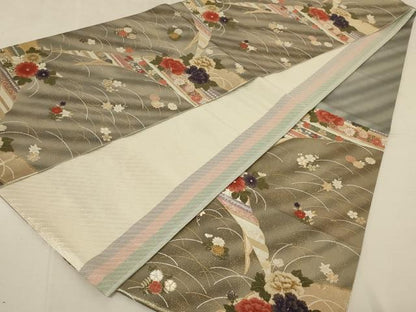 平和屋着物◎六通柄袋帯 刺繍 雪芝花文 銀糸 正絹 逸品 AAAP0329ou