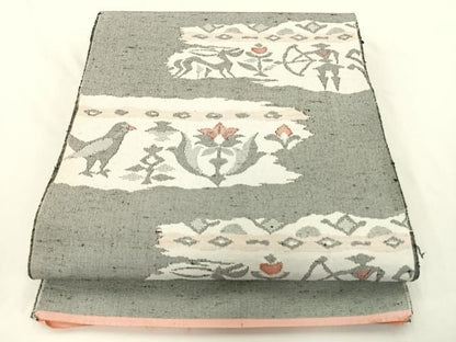 平和屋着物◎八寸名古屋帯　紬地　狩猟花鳥文　単衣帯　正絹　逸品　AAAP0357wt