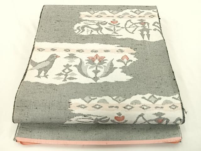 平和屋着物◎八寸名古屋帯　紬地　狩猟花鳥文　単衣帯　正絹　逸品　AAAP0357wt