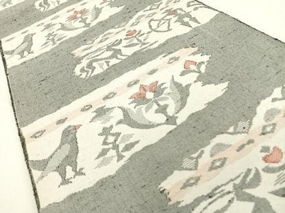 平和屋着物◎八寸名古屋帯　紬地　狩猟花鳥文　単衣帯　正絹　逸品　AAAP0357wt