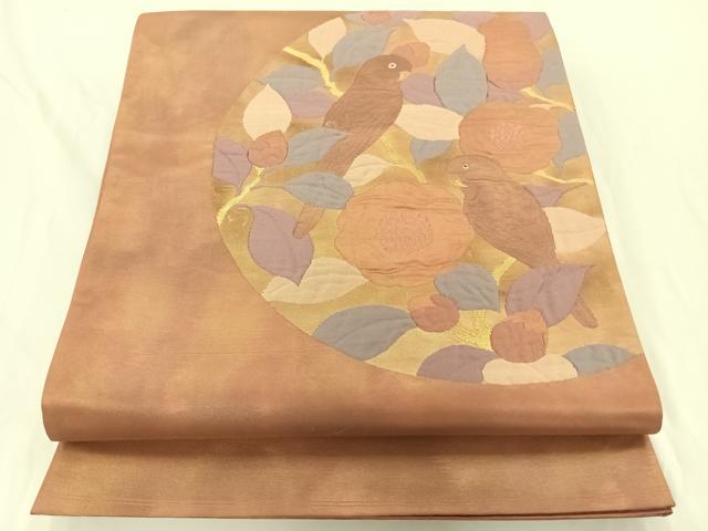 平和屋着物◎六通太鼓柄袋帯 花鳥丸文 金糸 引箔 正絹 逸品 AAAP0360wt