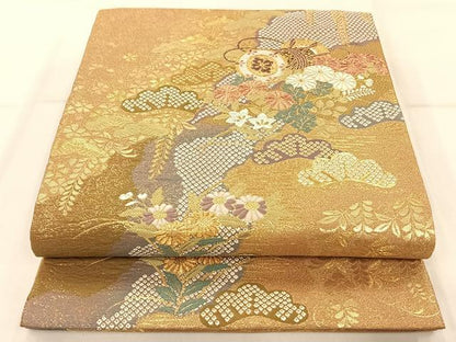 平和屋着物◎六通柄袋帯 吉祥花文 楽器 金糸 正絹 逸品 AAAP0589ey