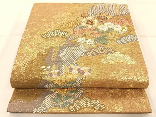 平和屋着物◎六通柄袋帯 吉祥花文 楽器 金糸 正絹 逸品 AAAP0589ey