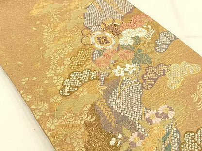 平和屋着物◎六通柄袋帯 吉祥花文 楽器 金糸 正絹 逸品 AAAP0589ey