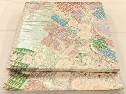 平和屋着物◎六通柄袋帯 唐織 花鳥文 銀糸 引箔 正絹 逸品 AAAP0592ey