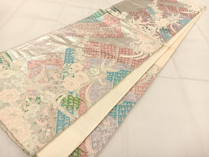 平和屋着物◎六通柄袋帯 唐織 花鳥文 銀糸 引箔 正絹 逸品 AAAP0592ey