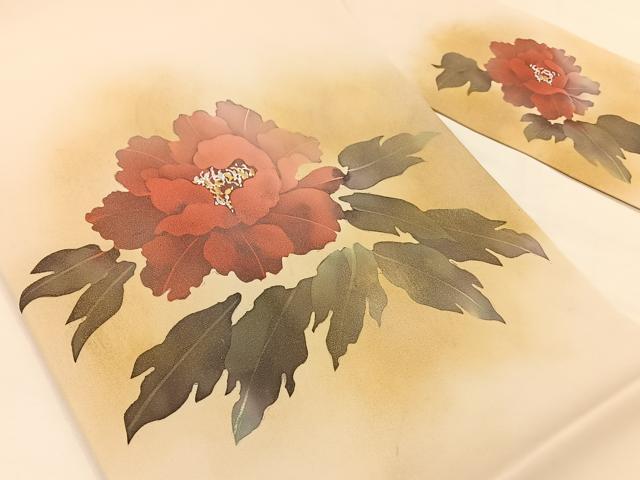 平和屋着物◎塩瀬　九寸名古屋帯　牡丹文　金彩　正絹　逸品　AAAP0872ey