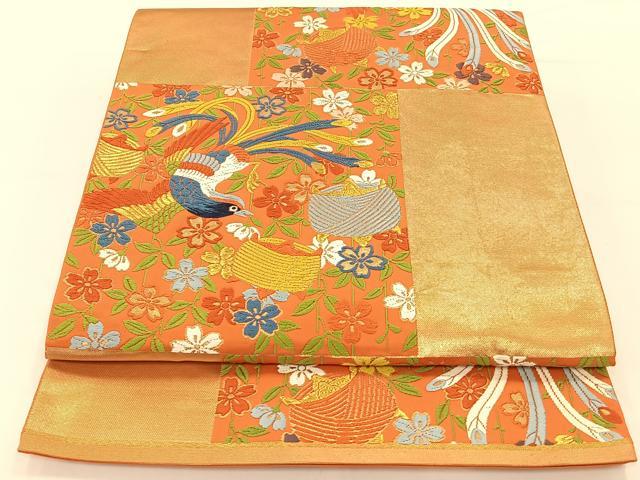 平和屋着物◎六通柄袋帯 唐織 糸車花鳥文 金糸 正絹 逸品 AAAP0874ey