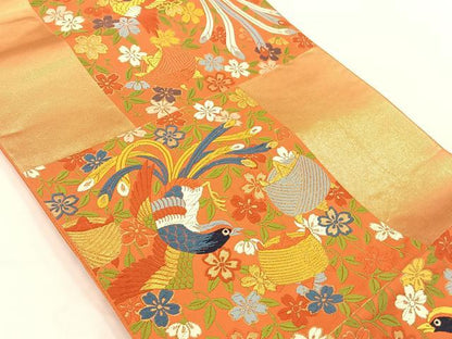 平和屋着物◎六通柄袋帯 唐織 糸車花鳥文 金糸 正絹 逸品 AAAP0874ey