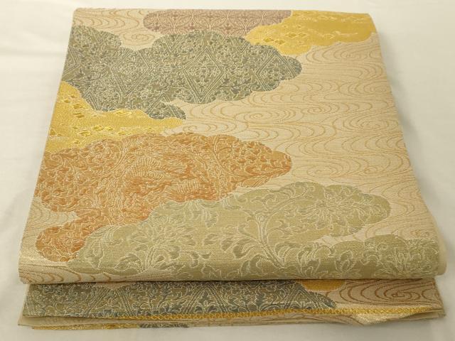 平和屋着物◎六通柄袋帯 雲取り草花文 金糸 正絹 逸品 AAAP1172tm