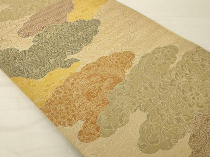 平和屋着物◎六通柄袋帯 雲取り草花文 金糸 正絹 逸品 AAAP1172tm