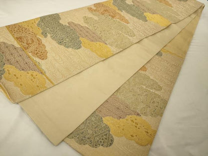 平和屋着物◎六通柄袋帯 雲取り草花文 金糸 正絹 逸品 AAAP1172tm