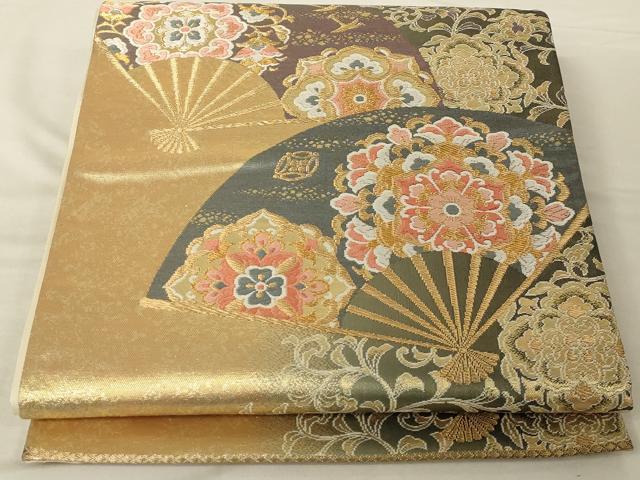 平和屋着物◎六通柄袋帯 唐織 扇面彩華文 金糸 引箔 正絹 逸品 AAAP1174tm