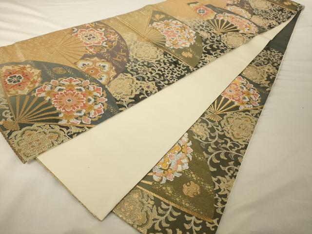 平和屋着物◎六通柄袋帯 唐織 扇面彩華文 金糸 引箔 正絹 逸品 AAAP1174tm
