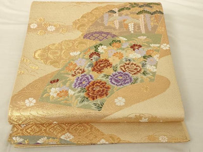 平和屋着物◎六通柄袋帯　地紙吉祥花文　金糸　正絹　逸品　AAAP1180tm