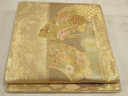 平和屋着物◎佐賀錦　六通柄袋帯　地紙花鳥文　金糸　正絹　逸品　AAAP3617ou