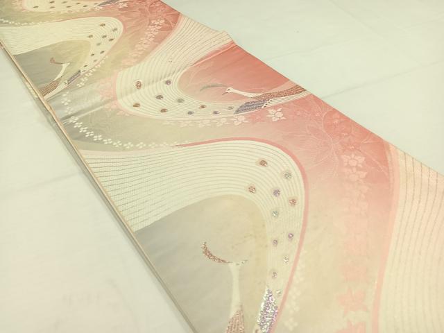 平和屋着物◎六通柄袋帯 唐織 花鳥文 銀糸 正絹 逸品 AAAP3678jh