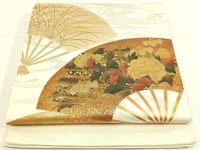 平和屋着物◎太鼓柄袋帯　流水扇面草花文　漆　金銀彩　正絹　逸品　AAAP3846jh